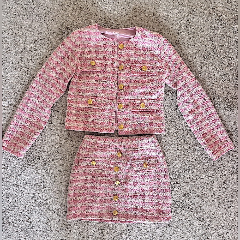 Flowers By Zoe Tweed Pink/Gold Button Skirt & Jacket Set - Small